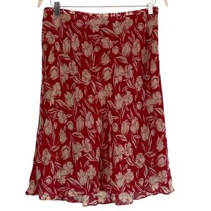 Vintage Ann Taylor Red Cream Floral Silk A-Line Flowy Skirt, Size 14